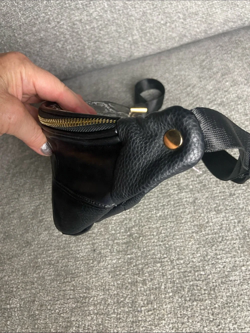 Black Faux Leather Crossbody Waist Bag with Snake-Print Panel